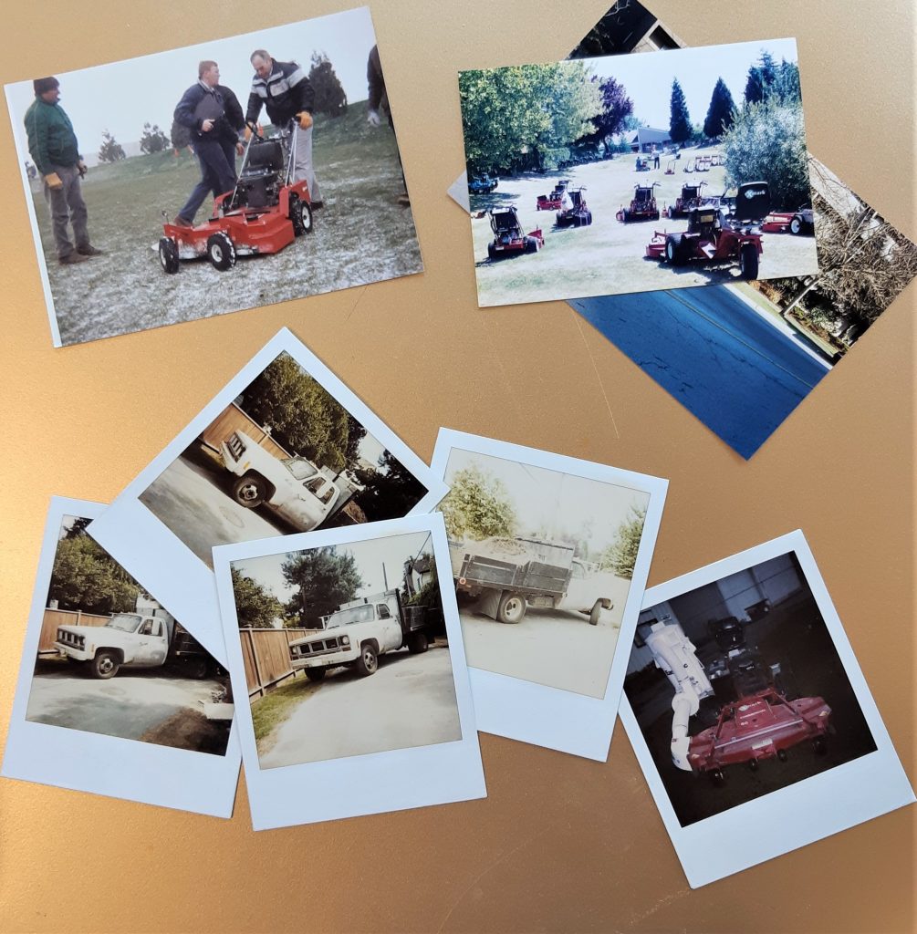 This image shows various older pictures from Premier Landscaping, with some team members showing off a lawn mower, and other pictures showing the old vehicles used.