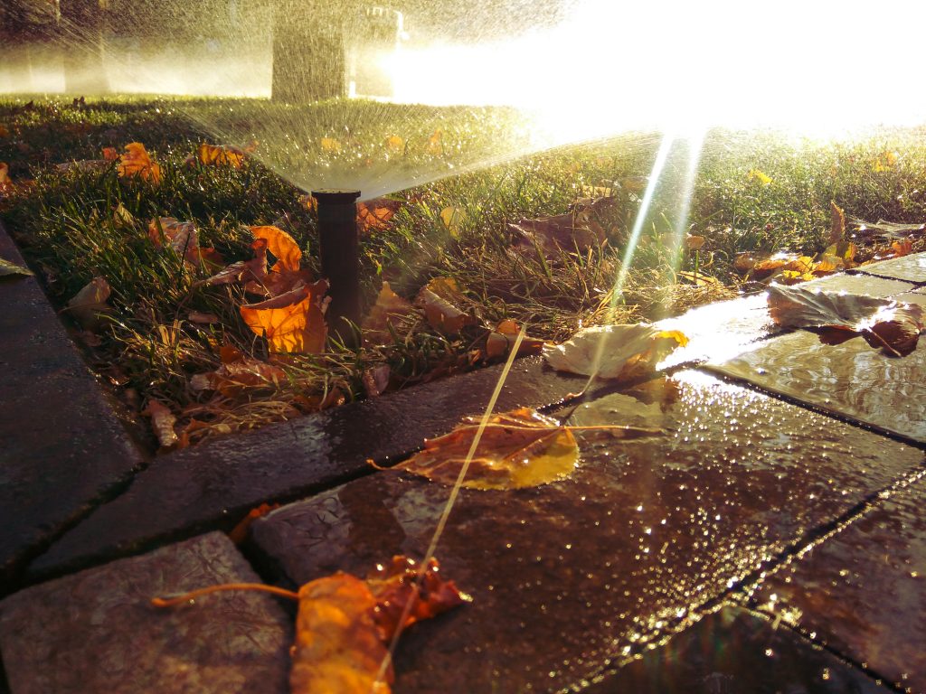 Irrigation system along pavers in Canada.